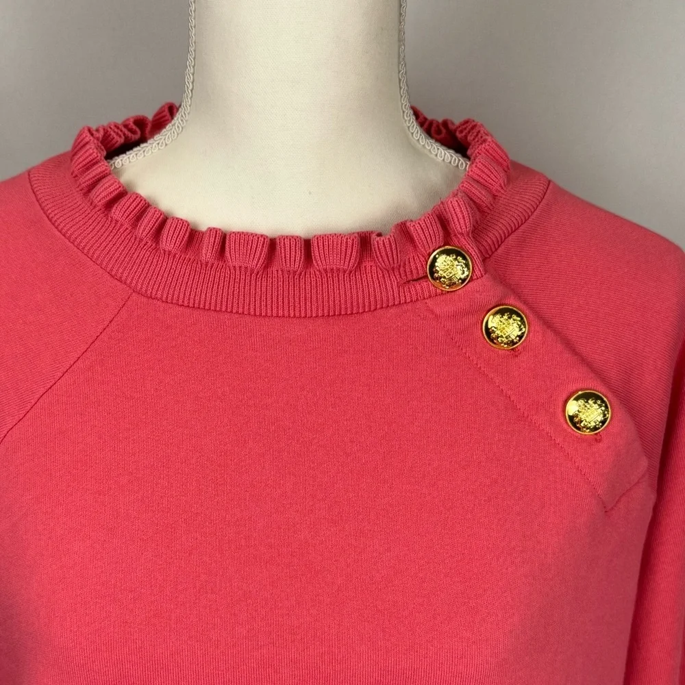 Talbots Ruffle Trim Raglan Sweatshirt Pink Gold Buttons At Neckline Size 1X - Picture 3 of 10